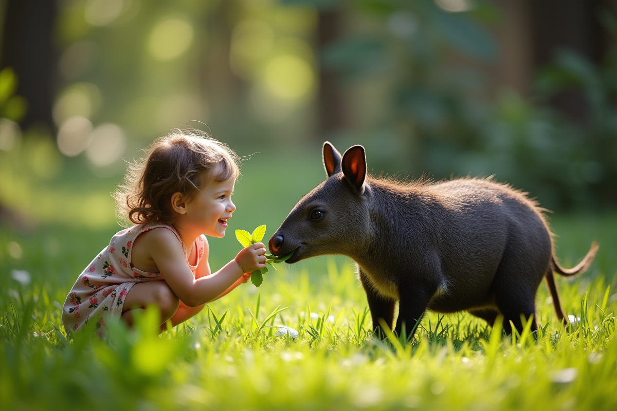 Jeune enfant nourrissant un tapir dans un sanctuaire naturel