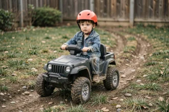 Enfant de 6 ans au volant d'une jeep électrique tout-terrain miniature dans un jardin avec chemin en terre