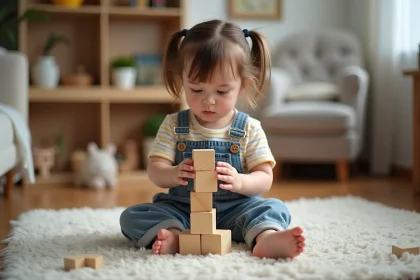 Fille de trois ans empilant des blocs en bois dans le salon