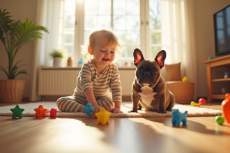 Enfant joyeux jouant avec un bouledogue français dans un salon lumineux