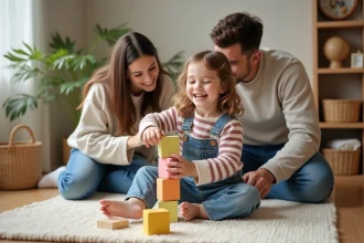 Fille souriante avec ses parents jouant avec des blocs en famille