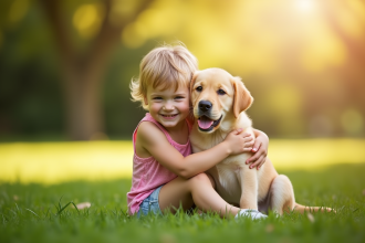 Enfant heureux dans un parc avec un chiot labrador