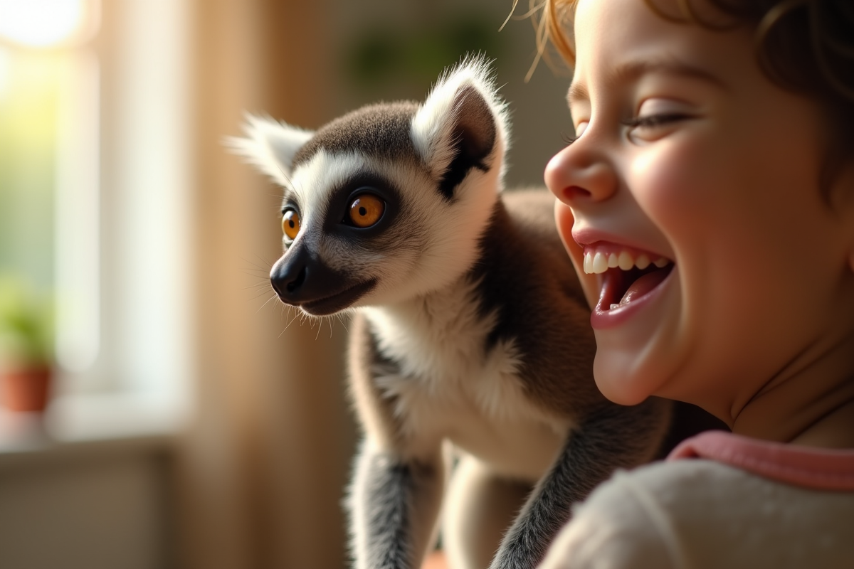Enfant riant avec un lémur curieux sur l