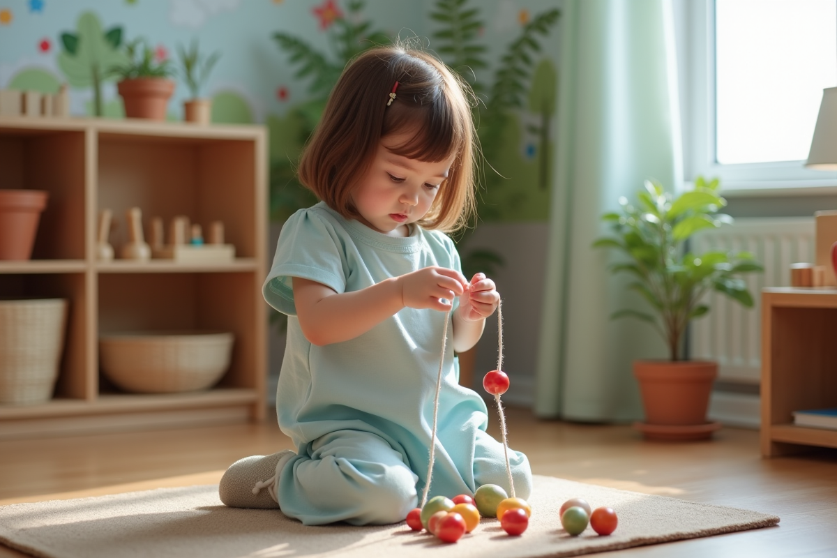 Fille de trois ans en classe Montessori avec perles colorées