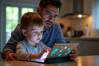 Jeune enfant utilisant une tablette à la maison avec reflet d'icônes sociales