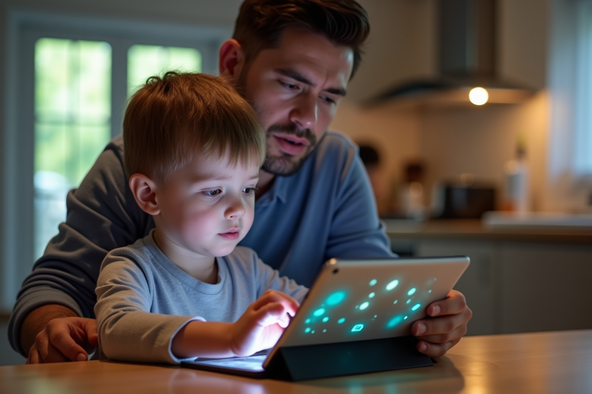 Jeune enfant utilisant une tablette à la maison avec reflet d'icônes sociales