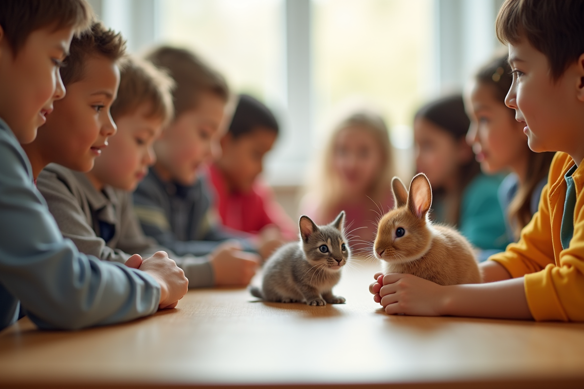 Groupe d enfants observant un lapin et un chaton dans une classe lumineuse