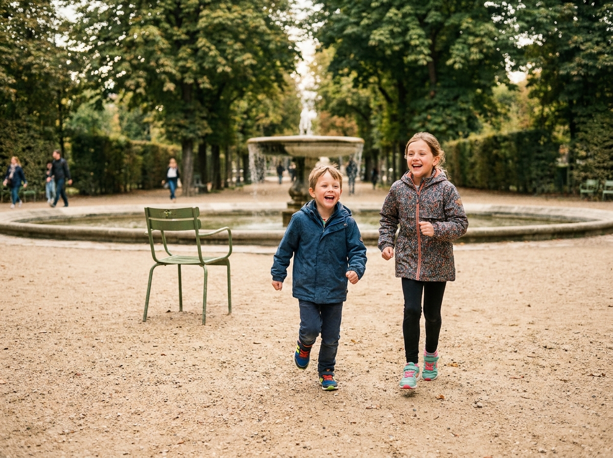 Enfants qui courent au Jardin du Luxembourg à Paris pendant les vacances