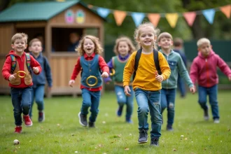 Enfants d'école primaire jouant à la corde à anneaux dehors