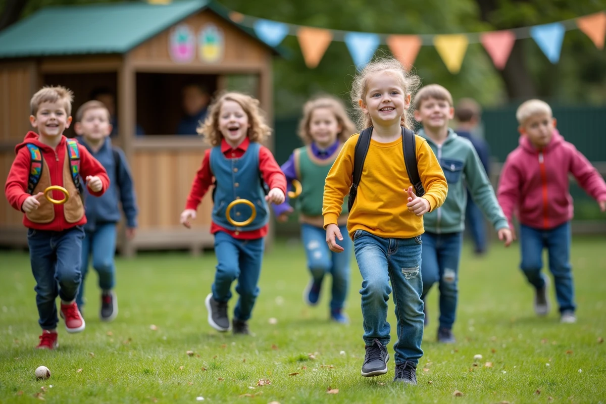 Enfants d'école primaire jouant à la corde à anneaux dehors
