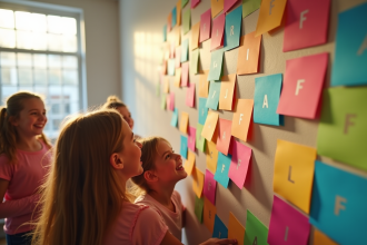 Enfants et parents autour de cartes de noms F en couleurs