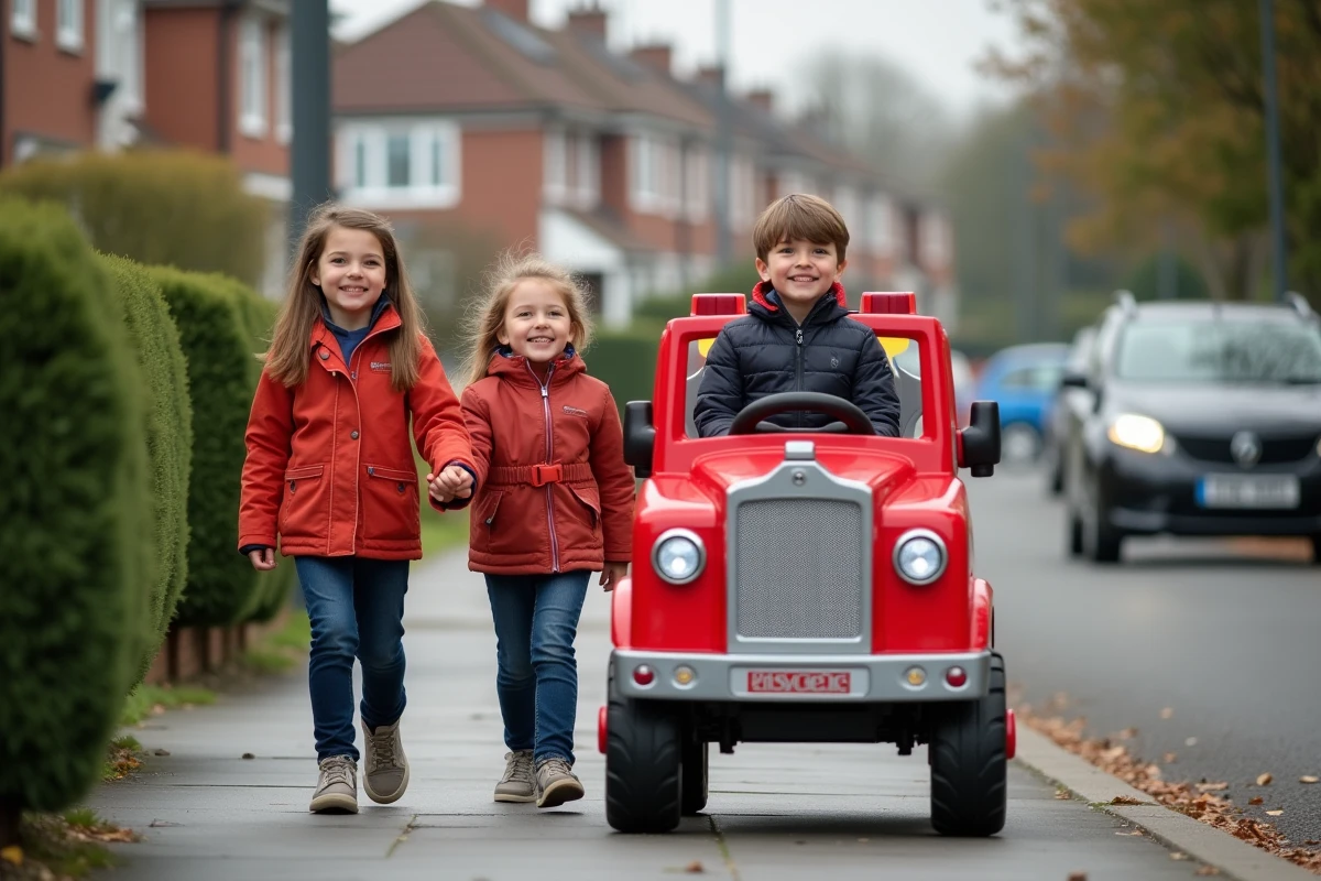 Trois enfants poussant une grande camionnette de pompier dans le quartier