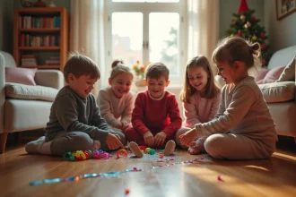 Enfants en pyjamas découvrant des farces de lutins dans un salon hivernal