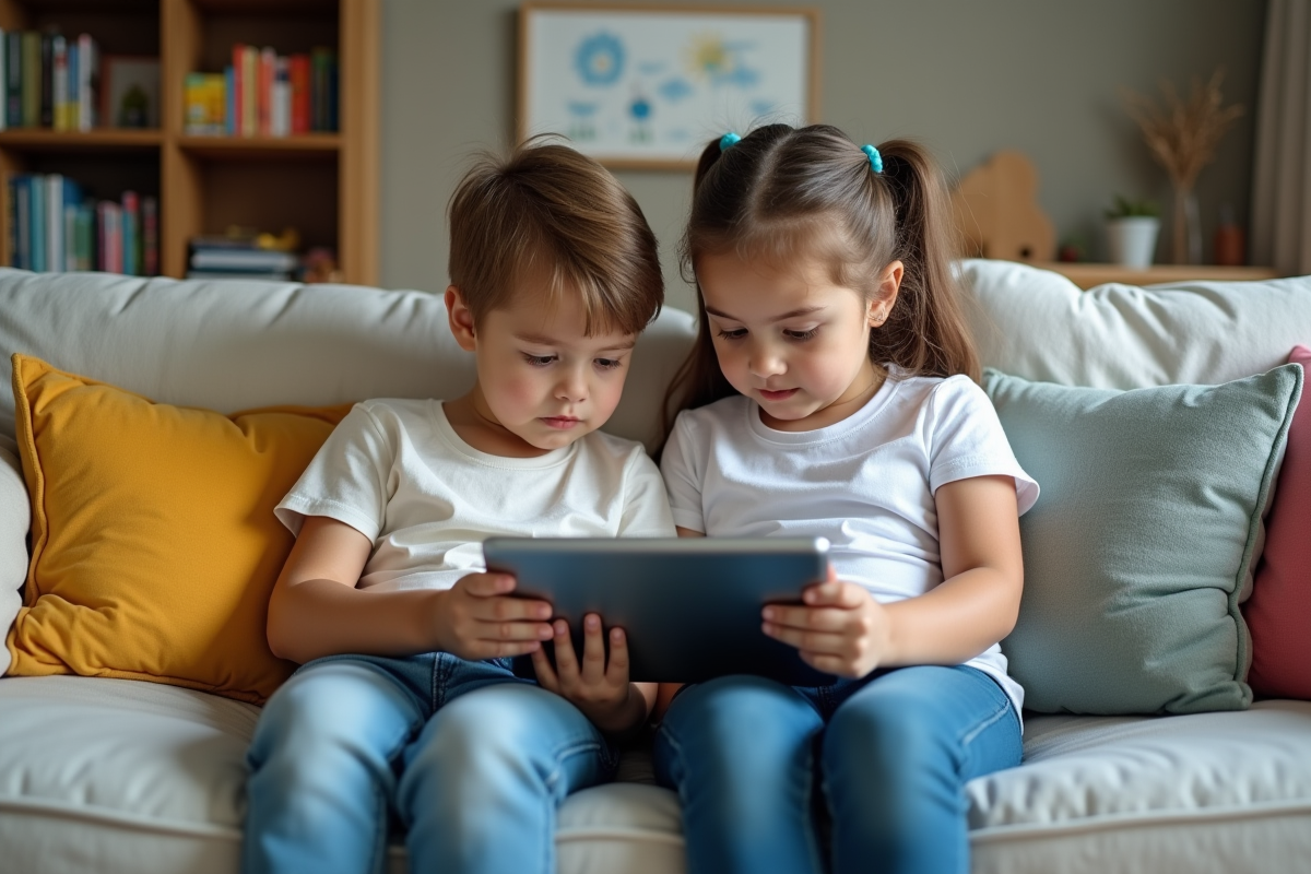 Garçon et fille assis sur un canapé avec une tablette