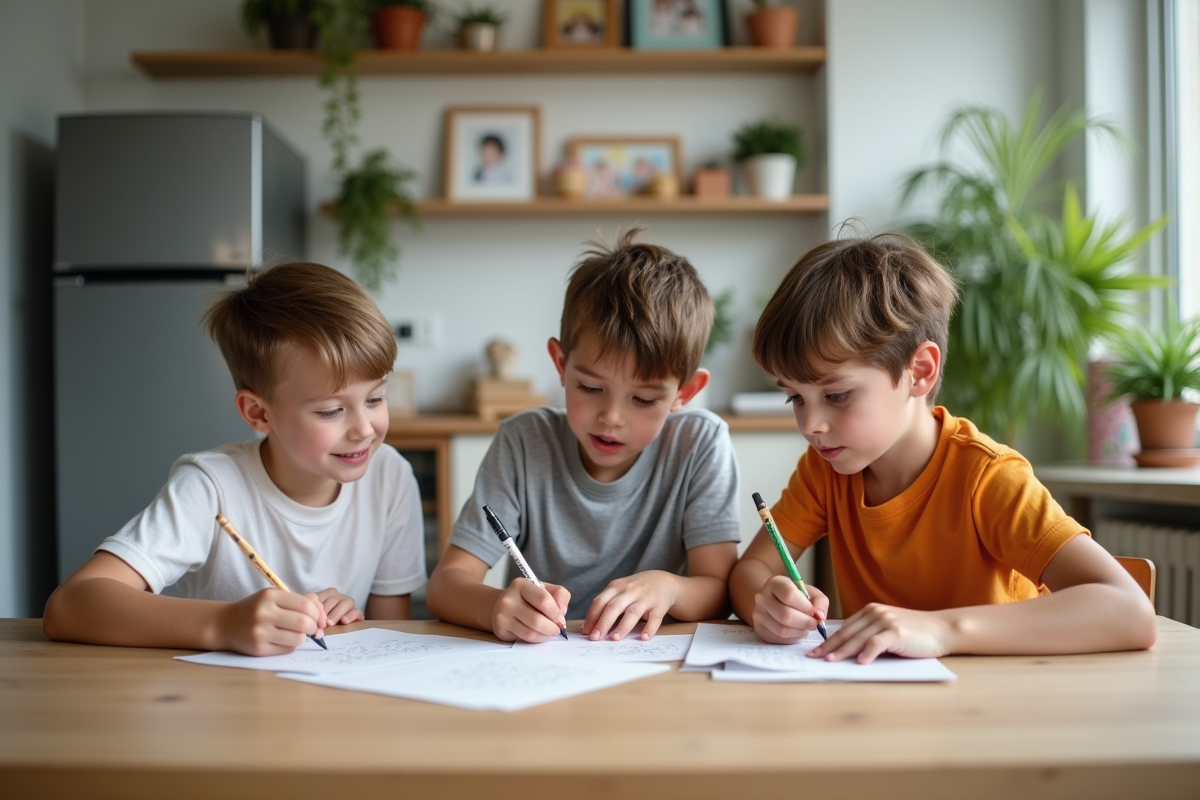 Trois enfants collaborant autour d