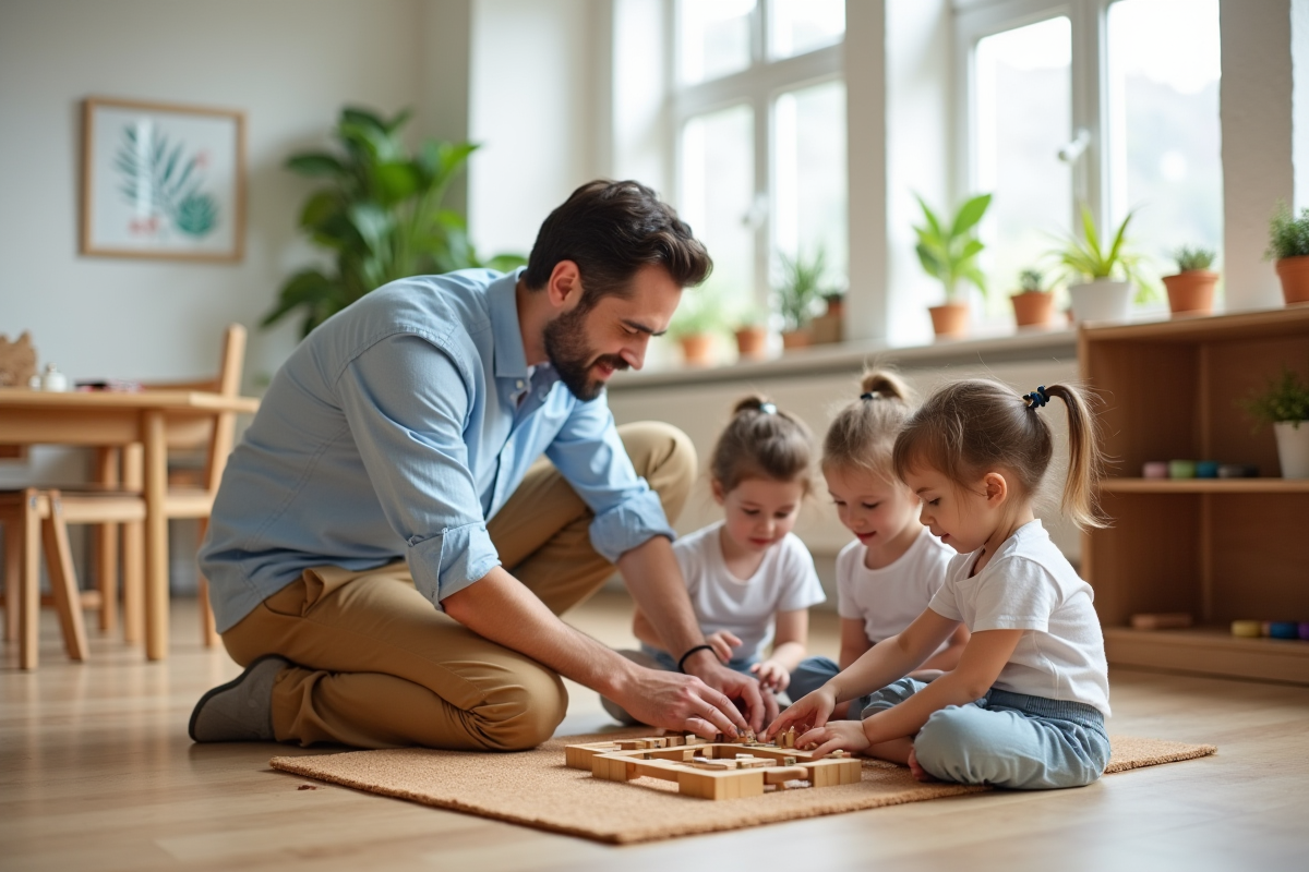 Enseignant Montessori aidant des enfants à jouer avec un puzzle tactile