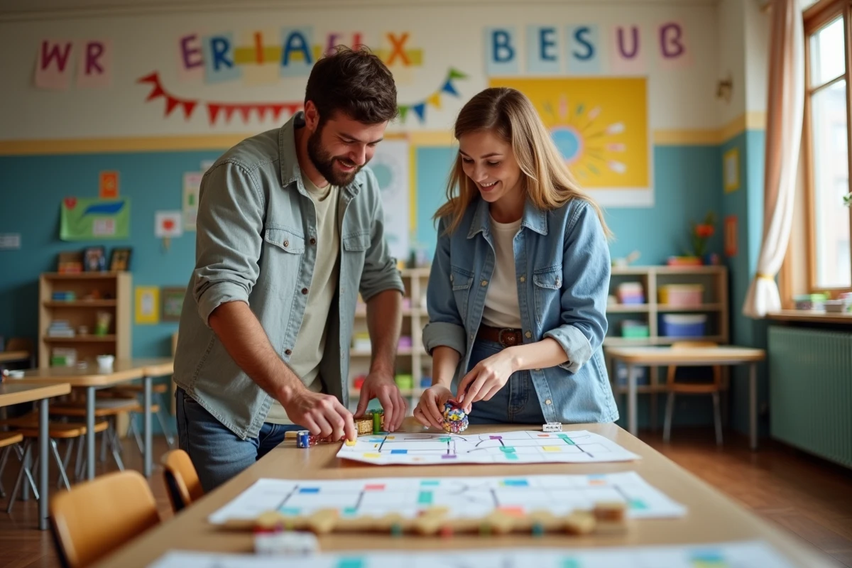 Enseignants préparant des jeux faits maison en intérieur