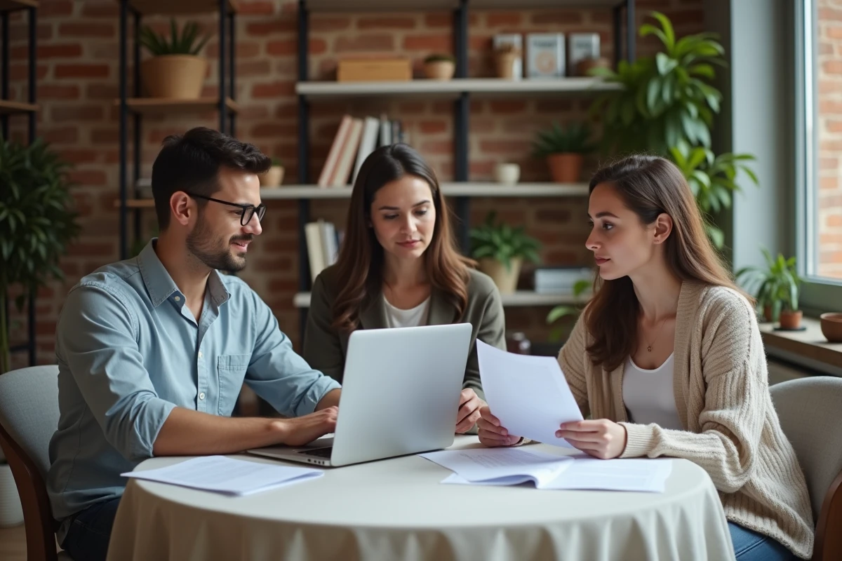 Parents en train d'interviewer une candidate nounou autour d'une table avec des documents de référence