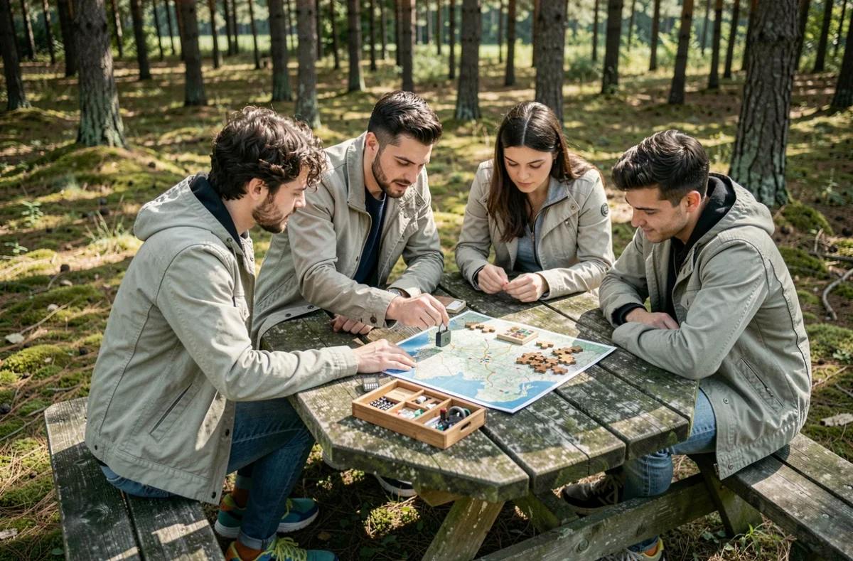 Amis résolvant une escape game en plein air autour d'une table de pique-nique en forêt en Seine-et-Marne