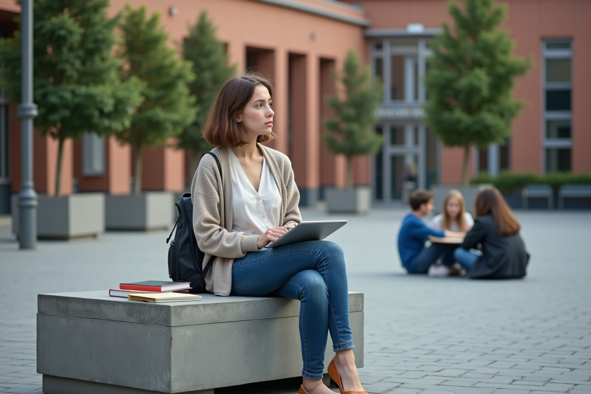 Jeune étudiante seule avec tablette dans espace extérieur