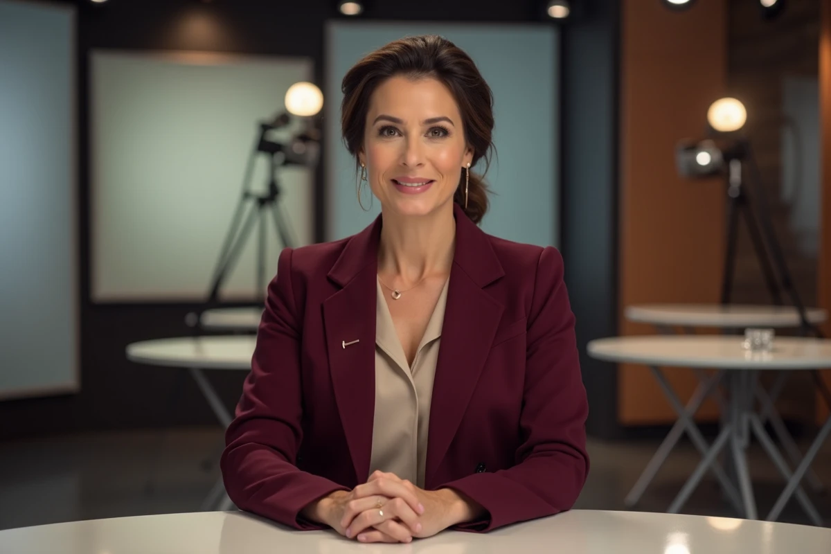 Femme experte économiste en interview dans un studio de presse moderne portant un blazer bordeaux