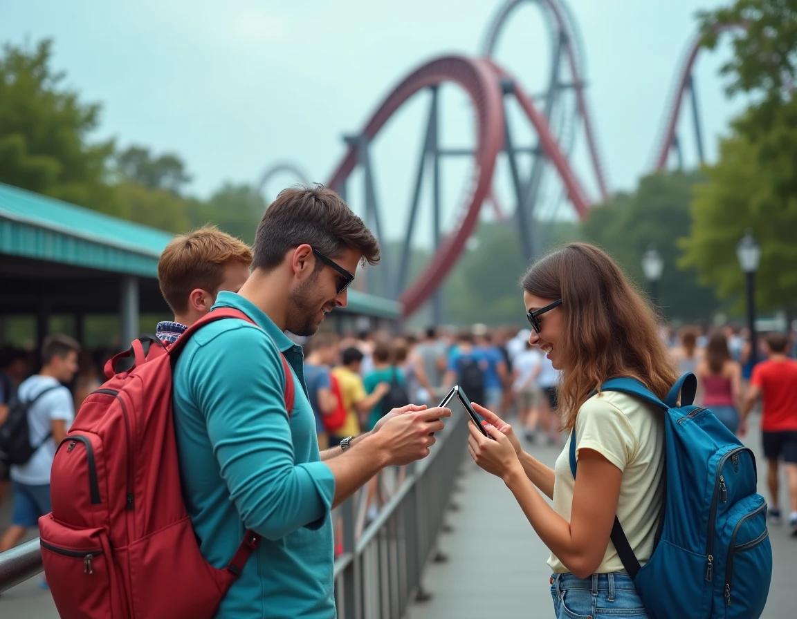 Famille utilisant une application mobile pour gérer les temps d'attente devant une attraction de PortAventura en été