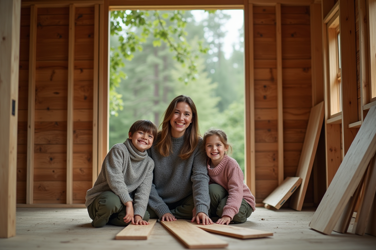 Famille dans une cabane en bois en pleine construction