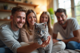 Famille souriante dans un salon accueillant avec un chaton gris aux yeux bleus
