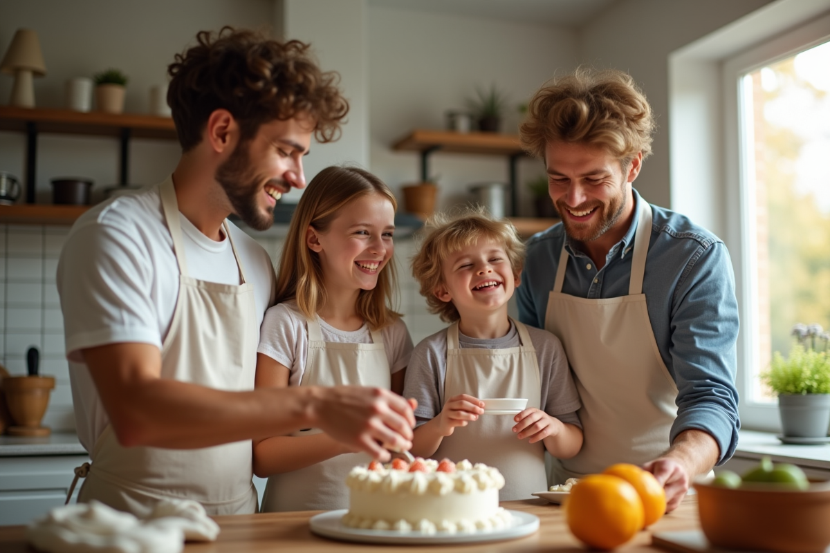 Famille cuisinant un gâteau dans une cuisine chaleureuse