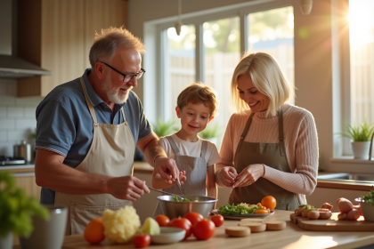 Famille multigenerational préparant un repas dans une cuisine lumineuse