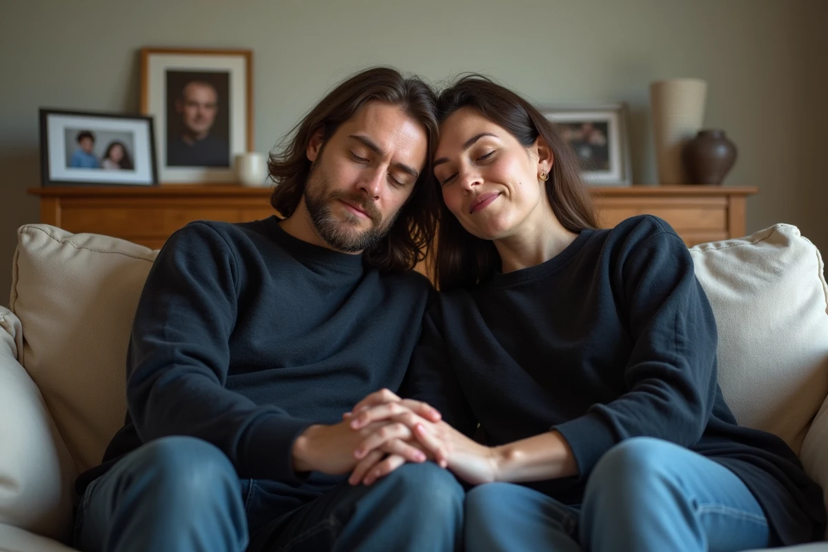 Frère et sœur adultes réconfortés l'un par l'autre dans un salon lors d'un deuil familial