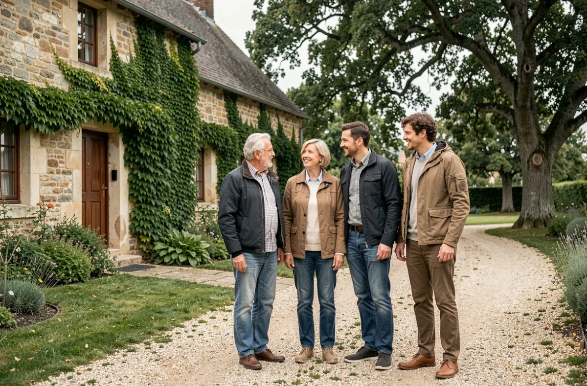 Famille multigénérationnelle réunie dans un jardin de campagne française devant une maison en pierre