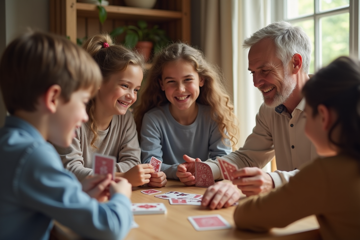 Famille souriante jouant aux cartes à la maison