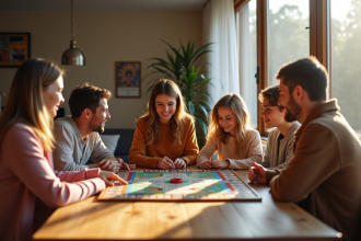 Famille souriante jouant au Monopoly moderne dans la salle à manger