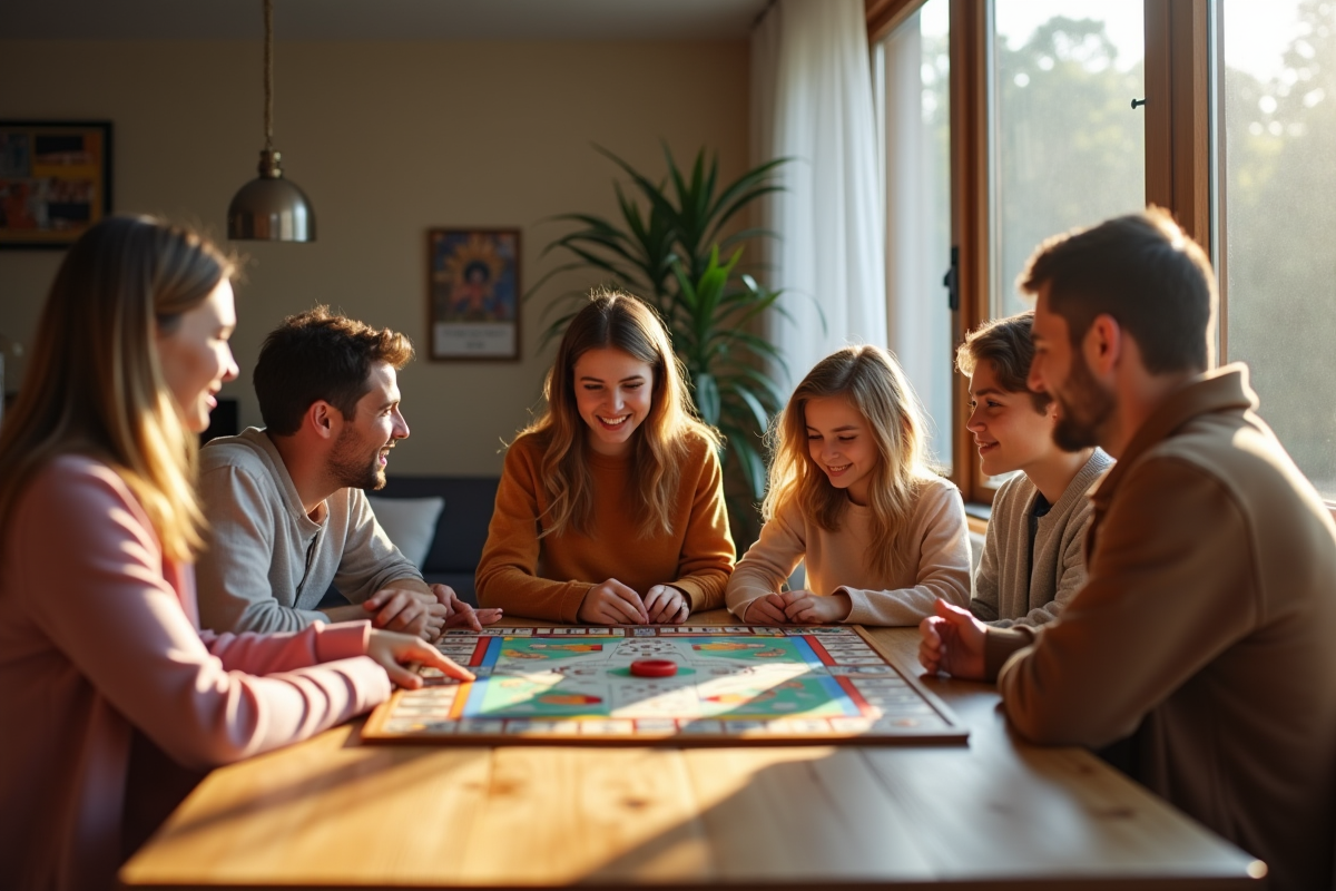 Famille souriante jouant au Monopoly moderne dans la salle à manger