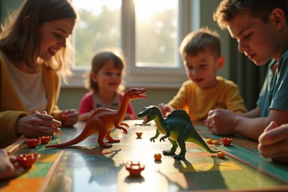 Famille jouant à un jeu de société dinosaure en famille