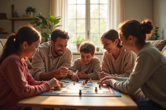 Famille diverse jouant à un jeu de société dans un salon chaleureux