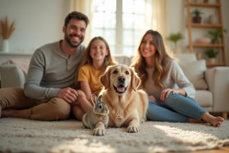 Famille dans un salon lumineux jouant avec un labrador doré