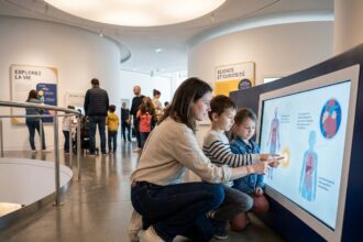 Mère et enfants explorant un musée interactif à Paris pendant les vacances scolaires