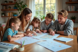 Famille planifiant les vacances scolaires ensemble