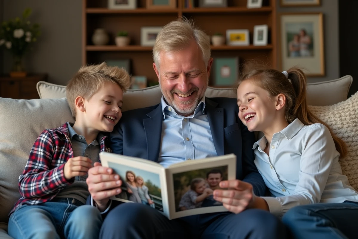 Père et enfants rient en regardant un album photo en famille