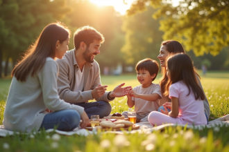 Famille heureuse faisant un pique-nique dans un parc en fleurs