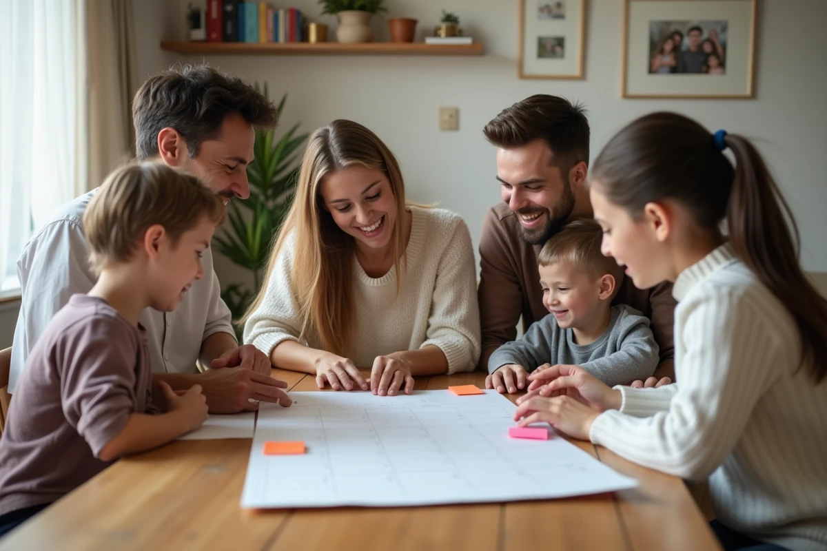 Famille multigenerational autour d'un calendrier familial