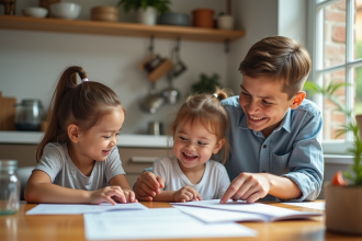 Famille souriante réunie à la cuisine pour examiner des documents