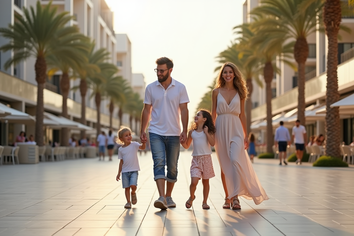 Famille avec enfants souriants dans une promenade urbaine moderne