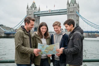 Famille en vacances scolaires devant le Tower Bridge à Londres en 2026
