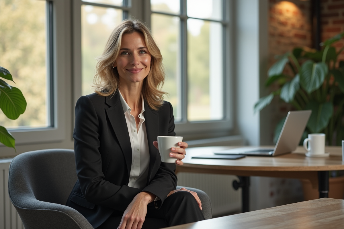 Femme française confiante dans un bureau moderne avec café