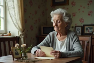 Femme âgée lisant une lettre de condoléances à une table en bois dans une cuisine de campagne française