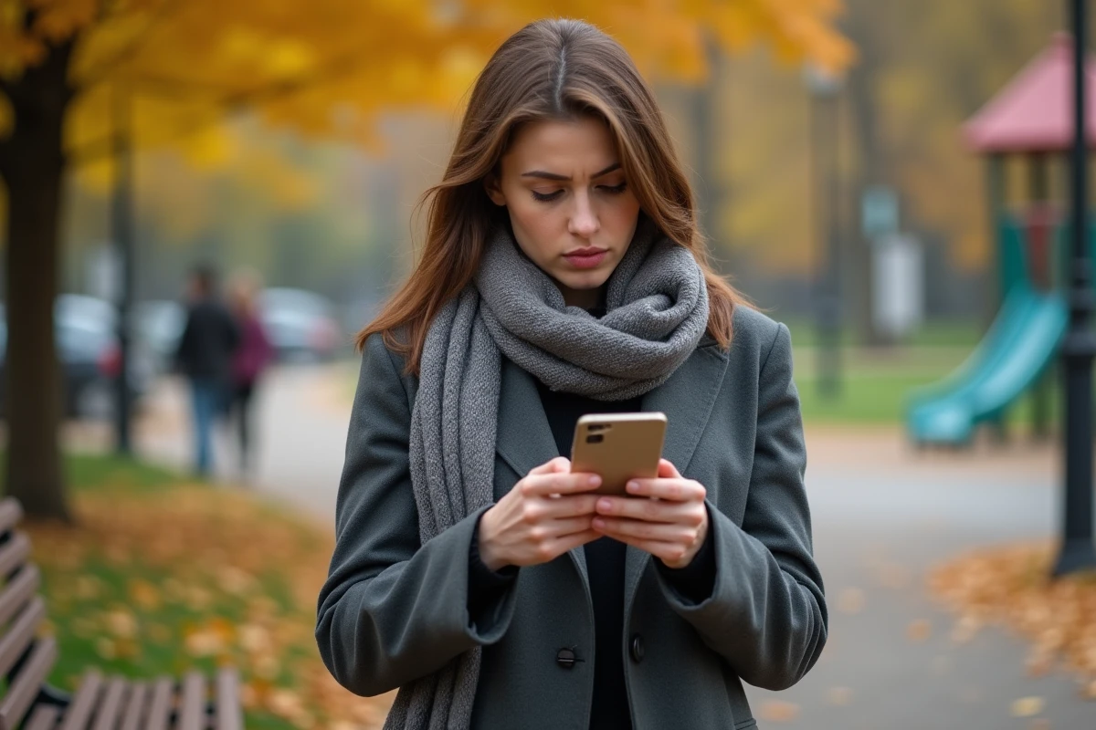 Femme adulte dans un parc en automne regardant son téléphone