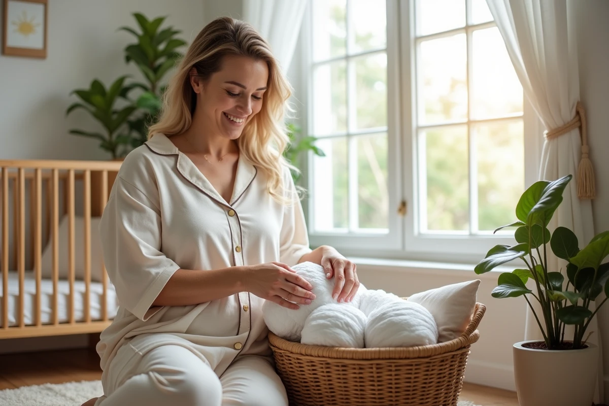Femme détendue dans la nurserie avec coussin et produits